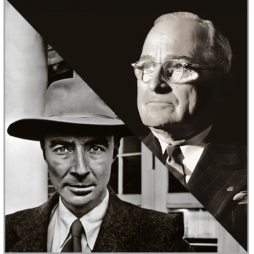 A black and white image is divided diagonally, showing two men. On the left, a man wears a suit and wide-brimmed hat. On the right, an older man wears glasses and a suit, looking away with a serious expression.