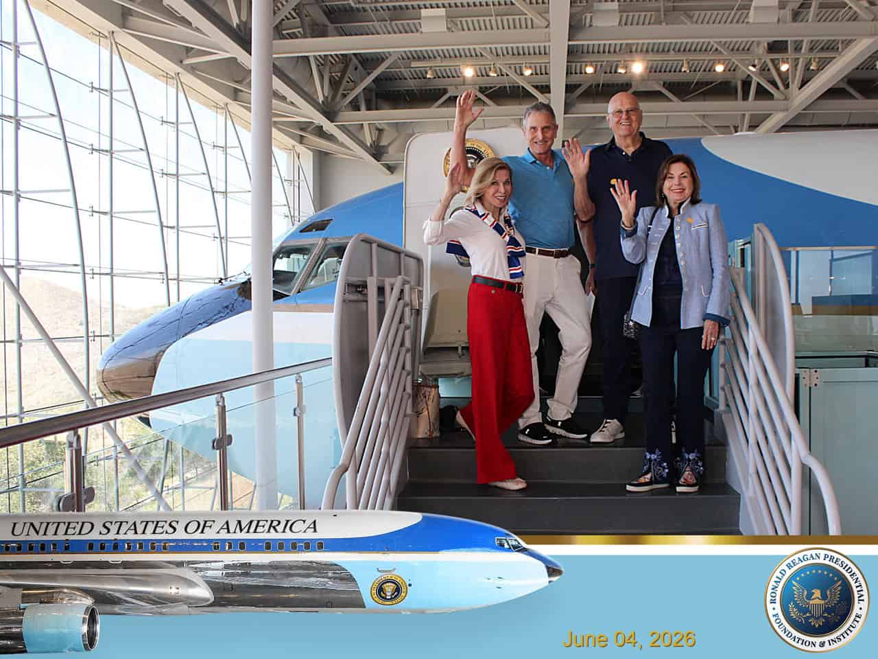 Four adults, representing The Citizen, stand on stairs in front of an Air Force One plane exhibit, smiling and waving. The photo includes a graphic of the plane, the presidential seal, and the date June 4, 2026.