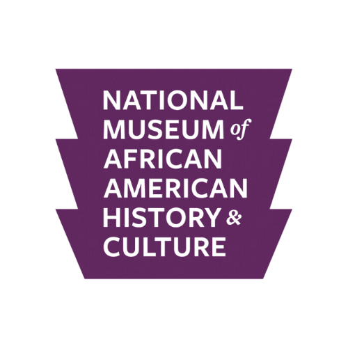 Logo of the National Museum of African American History & Culture, featuring bold white text on a purple background shaped like a three-tiered trapezoid.