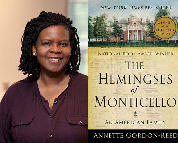 AGRwBook A woman with black braided hair smiles next to the cover of the book "The Hemingses of Monticello" by Annette Gordon-Reed, which explores history connected to the U.S. Constitution and features a historic building and award badges.