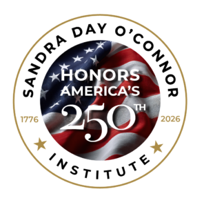 A circular logo with an American flag in the center celebrates America’s 250th; text reads "Honors America’s 250th," and the outer ring says "Sandra Day O’Connor Institute" with the years 1776 and 2026.