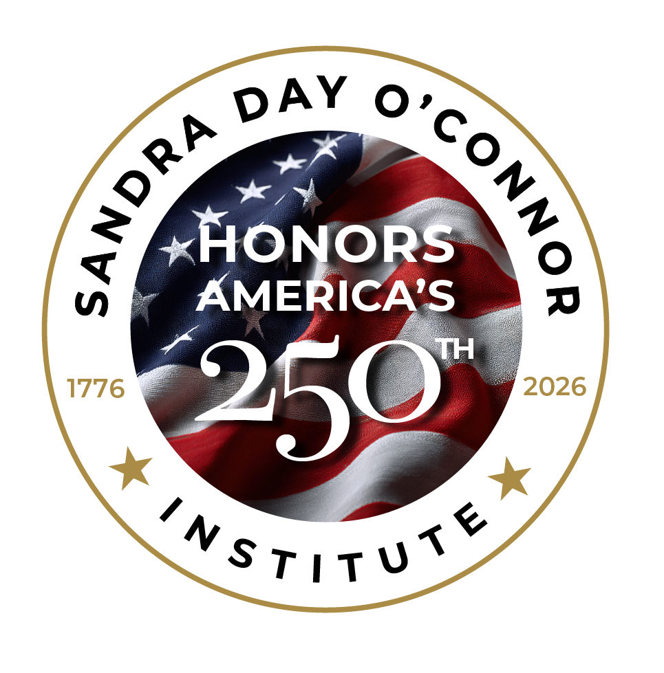 A circular logo with an American flag in the center celebrates America’s 250th; text reads "Honors America’s 250th," and the outer ring says "Sandra Day O’Connor Institute" with the years 1776 and 2026.