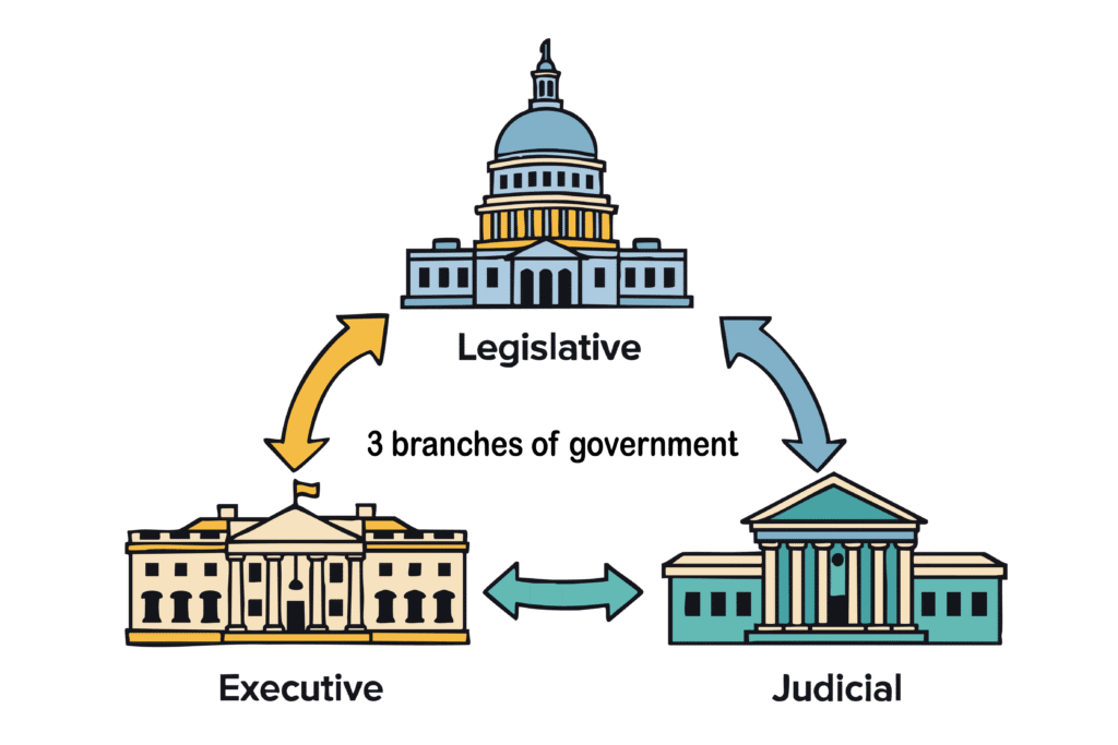 Must Learn Civics: Diagram of three branches of U.S. government—Legislative (Congress building), Executive (White House), and Judicial (courthouse)—with arrows illustrating their connection and balance.