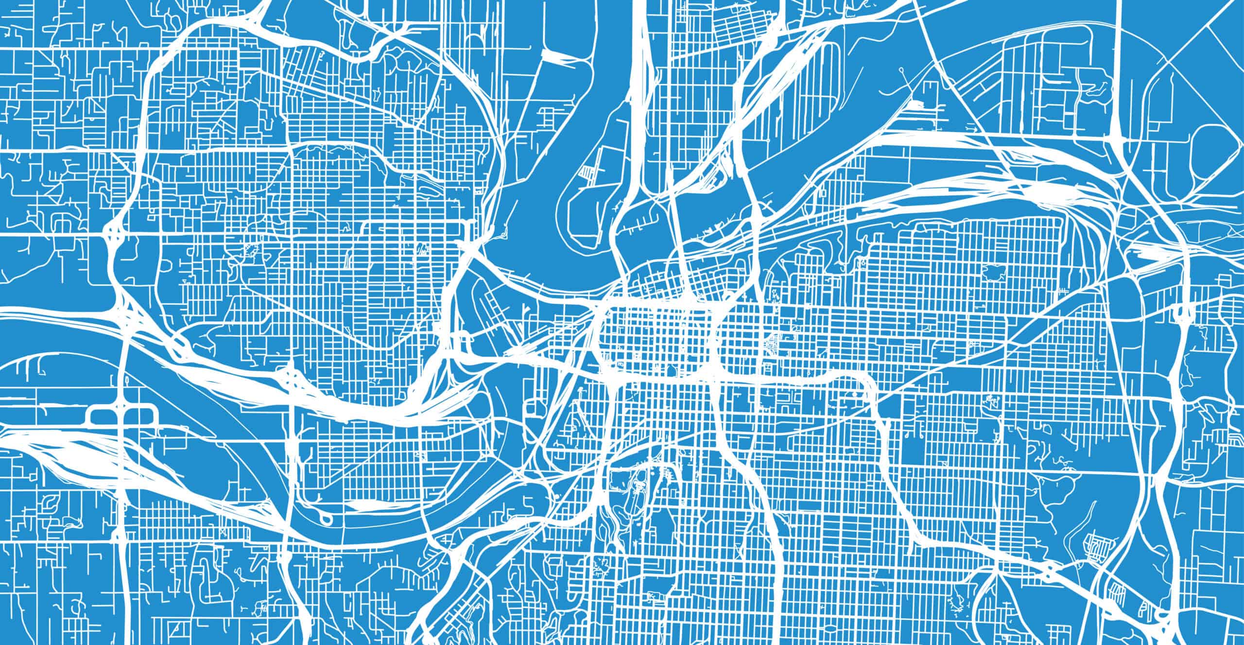 Abstract blue and white map illustration showing a detailed network of streets, highways, and a river running through the center of a city—an urban landscape that could come alive with energy during World Cup festivities.