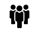 Simple black icon of three human figures, with one in front and two slightly behind, representing a group or community—perfect for illustrating programs like Camp O'Connor or Civics Camp—on a light gray background.