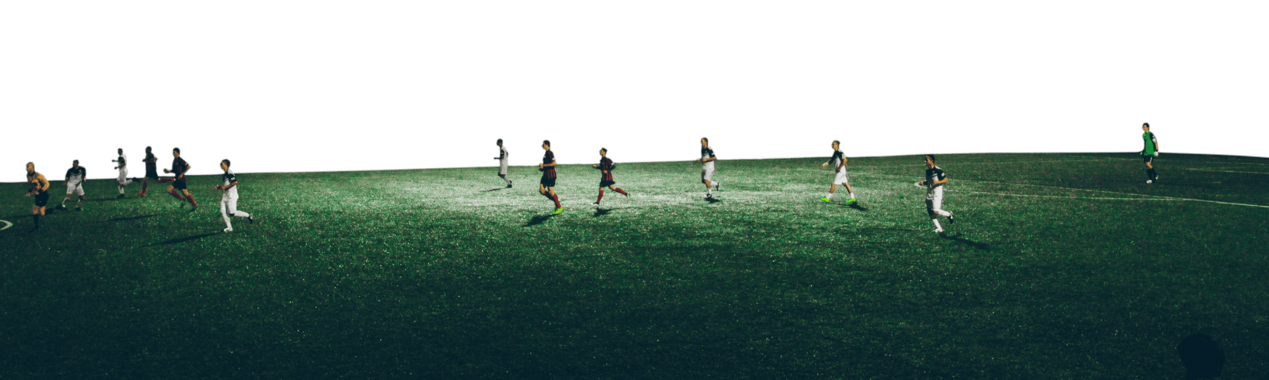 A group of soccer players run and play on a green field under bright lighting, with a white sky background, evoking the excitement of a World Cup match.