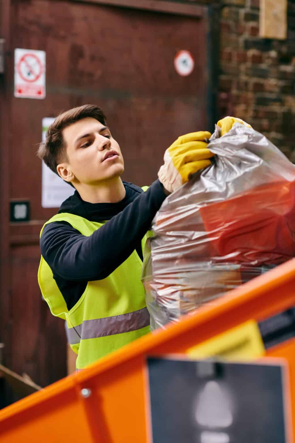 A person wearing a yellow safety vest and gloves lifts a large plastic garbage bag into an orange dumpster outdoors, with a brick wall, caution signs, and a banner for Community Service Awards in the background.