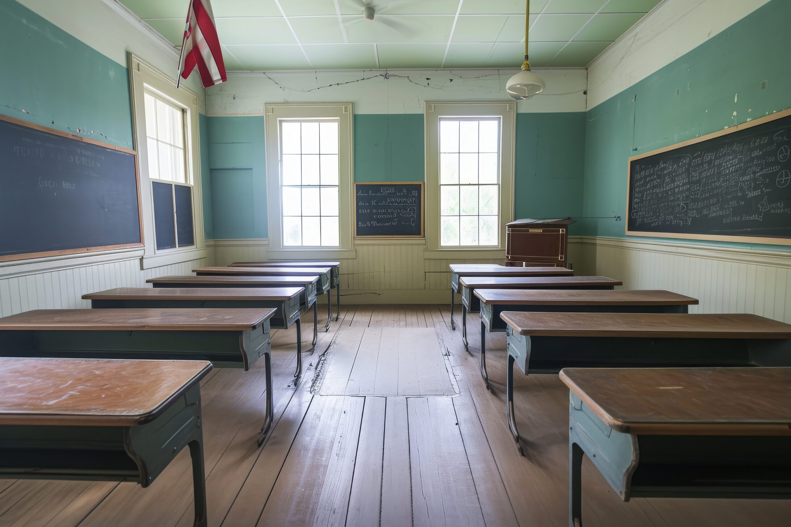 An old-fashioned classroom with wooden desks and chalkboards. Large windows allow natural light. The walls are painted green, and there is a vintage pendant light hanging from the ceiling. An American flag is displayed in the corner.