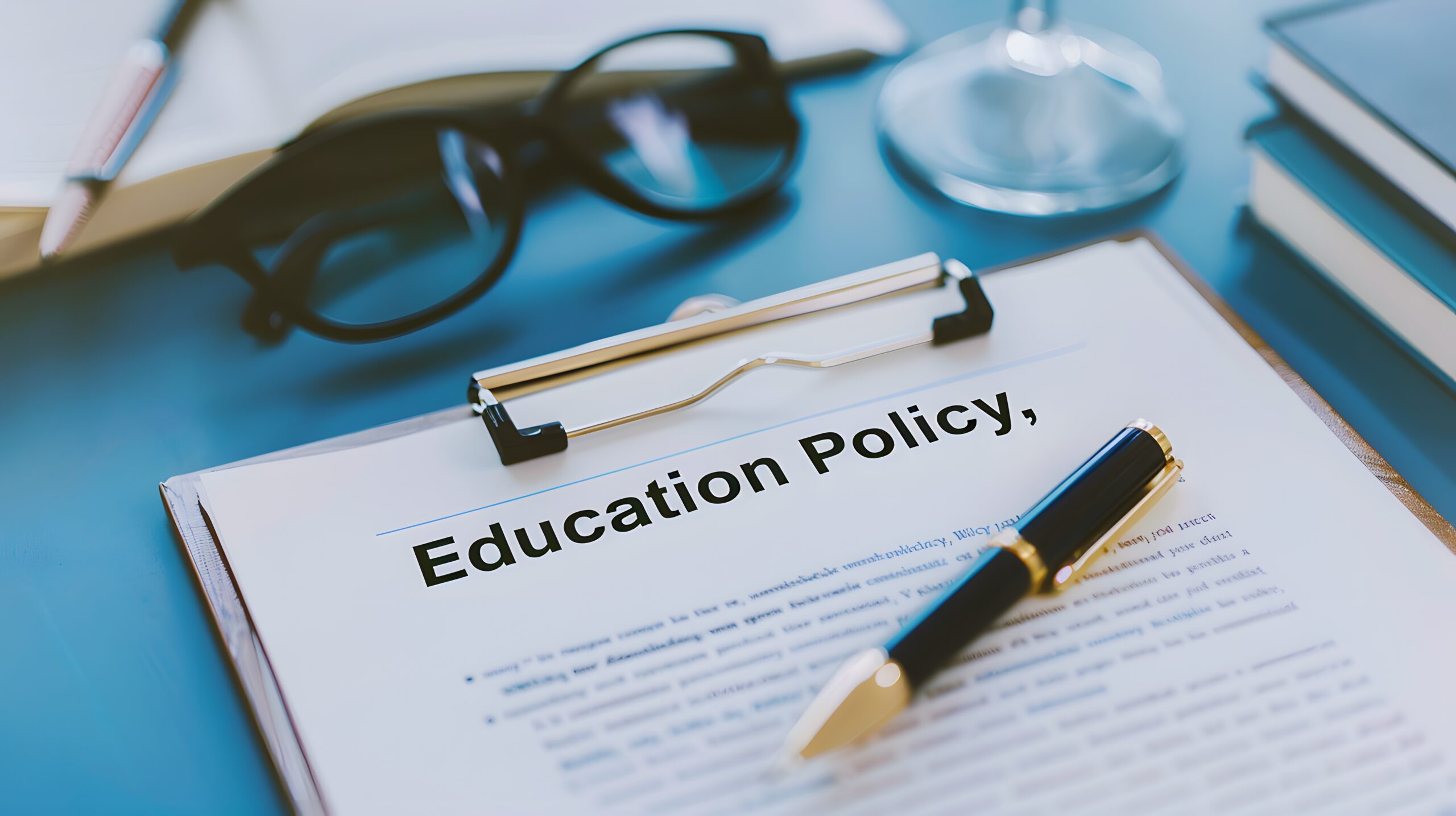 A close-up of a clipboard with a document titled "Education Policy" on a table. Nearby are a pen, a pair of glasses, books, and a glass of water, suggesting a workspace or study setting.