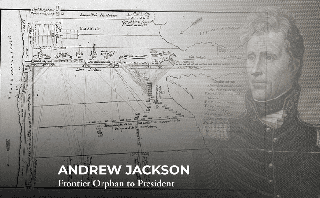 A historical map with a faint illustration of Andrew Jackson in uniform. Text reads “ANDREW JACKSON Frontier Orphan to President.”.