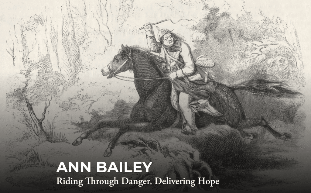Black-and-white illustration of a woman riding a galloping horse through a forest, holding a raised hatchet. Text reads: "ANN BAILEY: Riding Through Danger, Delivering Hope.