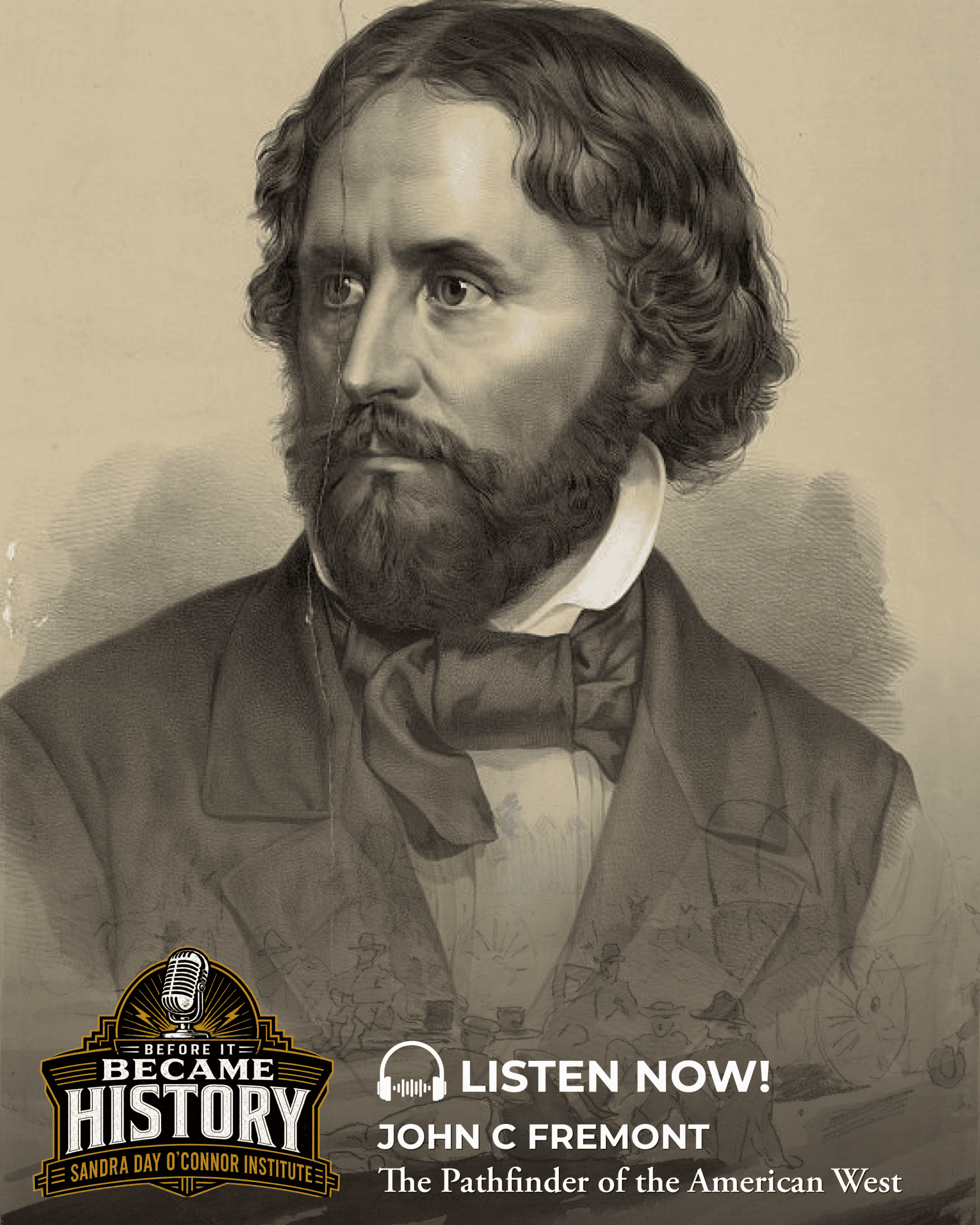 A sepia-toned portrait of John C. Fremont in a suit, with text promoting a history podcast episode about him as the Pathfinder of the American West, featured on The Citizen.