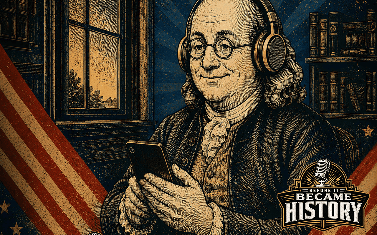 Illustration of Benjamin Franklin wearing headphones and holding a smartphone, with a microphone icon and the text “Before It Became History,” reflecting the theme of youth programs.