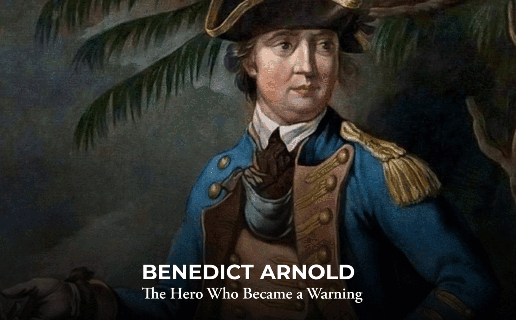 A painted portrait of a man in a blue military uniform with gold trim and epaulets, wearing a tricorn hat. Text below reads: "Benedict Arnold: The Hero Who Became a Warning.