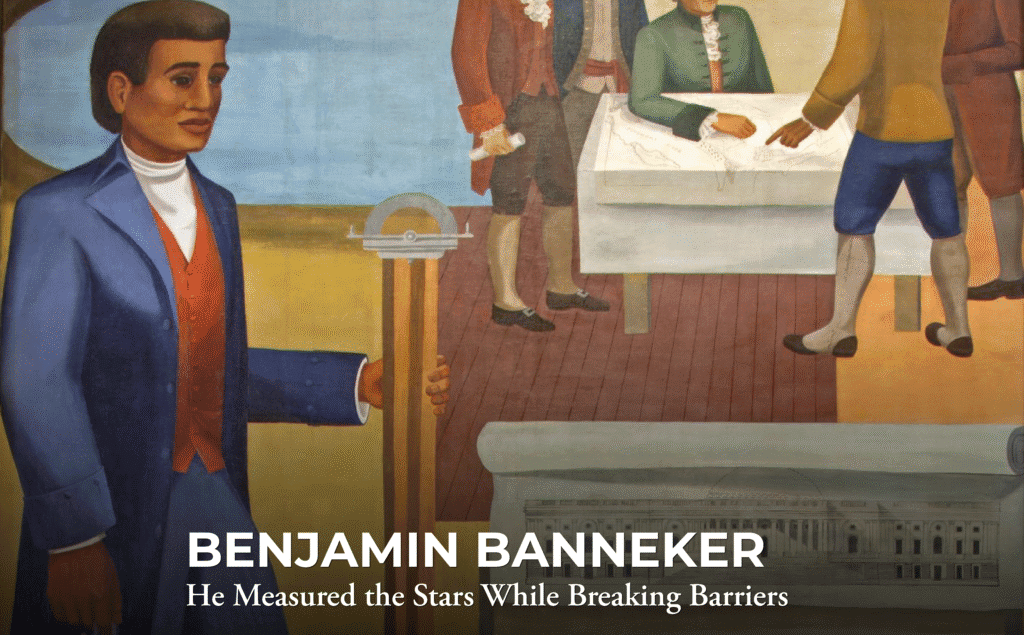 Mural depicting Benjamin Banneker, an African American astronomer and mathematician, in the foreground, with other figures examining a map and architectural plans in the background. Text reads "BENJAMIN BANNEKER He Measured the Stars While Breaking Barriers.