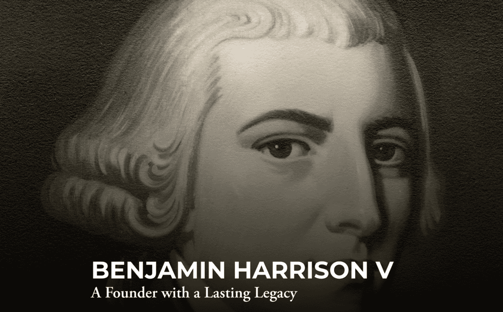 A grayscale close-up illustration of a man with white hair. Text at the bottom reads: "BENJAMIN HARRISON V A Founder with a Lasting Legacy.