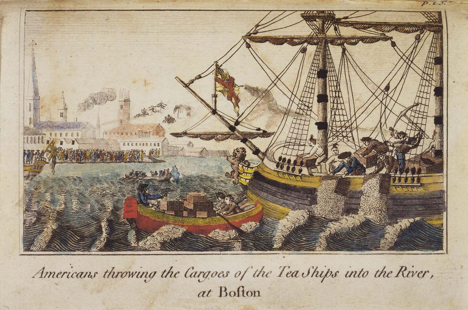 Illustration of the Boston Tea Party, with colonists on ships tossing tea crates into the water. Spectators gather on the shore, with a cityscape in the background. Text reads "Americans throwing the Cargoes of the Tea Ships into the River, at Boston.