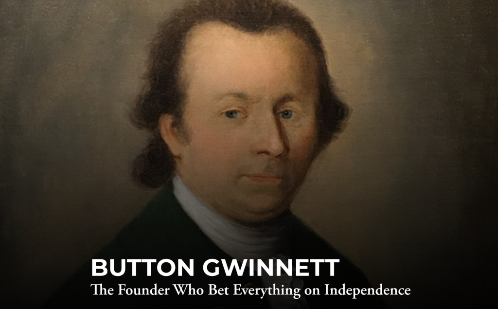 A painted portrait of Button Gwinnett, shown from the shoulders up, with short brown hair and wearing a dark coat. Text below reads: "Button Gwinnett: The Founder Who Bet Everything on Independence.