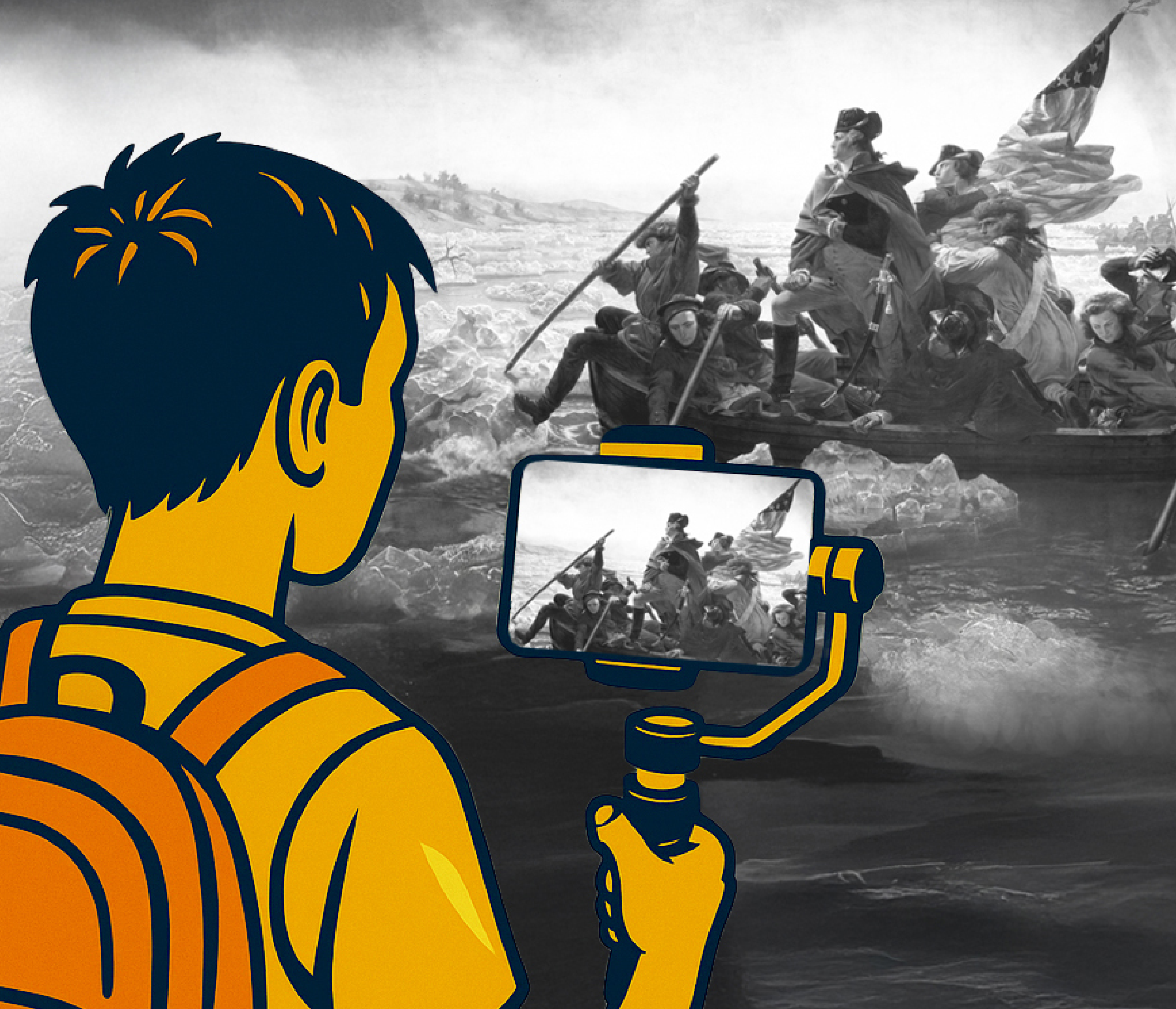 A cartoon person with a backpack films the famous painting "Washington Crossing the Delaware" using a smartphone and stabilizer, blending modern technology with historical art.