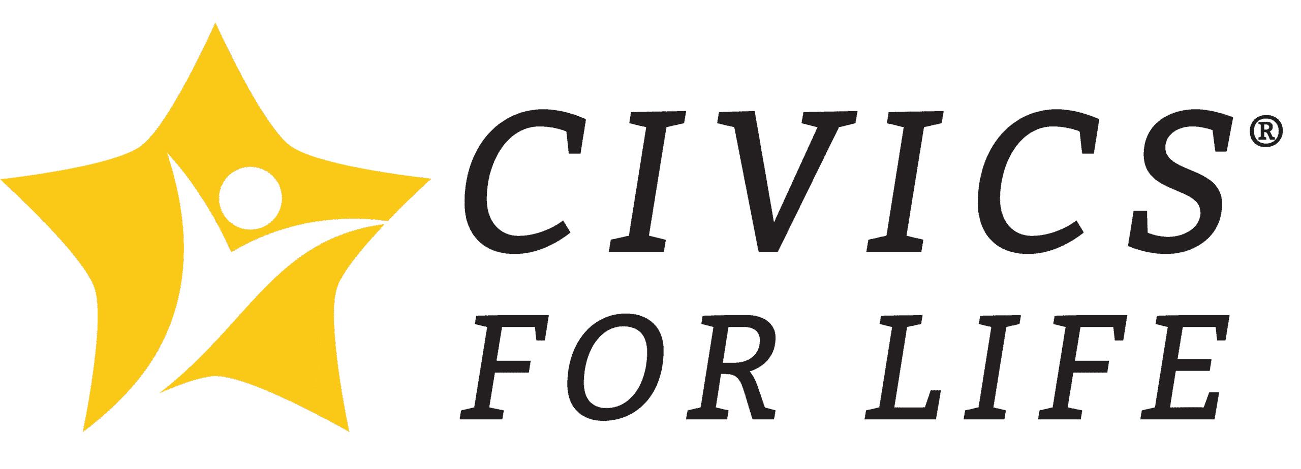 A yellow star with a stylized human figure inside, next to the words “CIVICS FOR LIFE” in bold black letters and a registered trademark symbol, highlighting donations supporting civic education.
