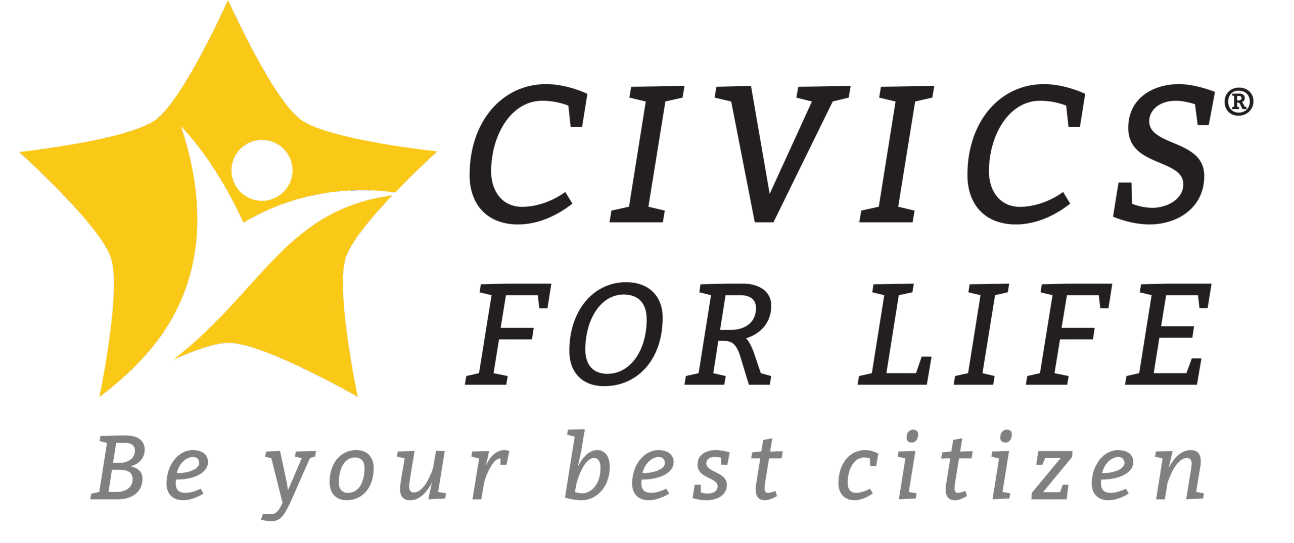 Logo with a yellow star containing a stylized person on the left, and the text "CIVICS FOR LIFE," "Be your best citizen," highlighting self governance, on the right.