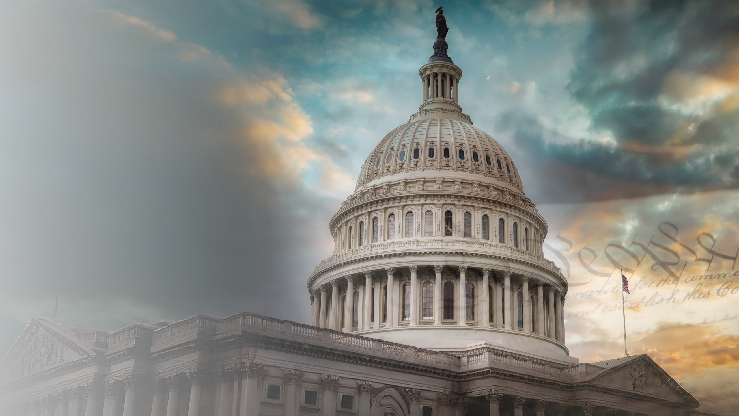 The image shows the United States Capitol building with a dramatic sky in the background. The dome is prominent, and part of the Constitution text is faintly visible, blending with the sky, suggesting themes of governance and history.