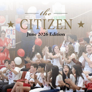A group of enthusiastic young people sit in an auditorium decorated with red, white, and blue balloons, cheering and clapping. Text over the image reads: "The Citizen - June 2026 Edition," capturing the spirit of civic engagement.