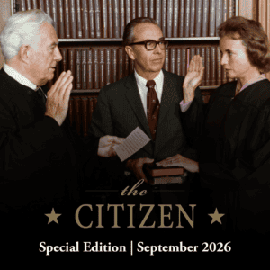 Two judges and a woman in a judicial robe participate in a swearing-in ceremony before shelves of legal books. Text reads: “The Citizen, Special Edition | September 2026.”.