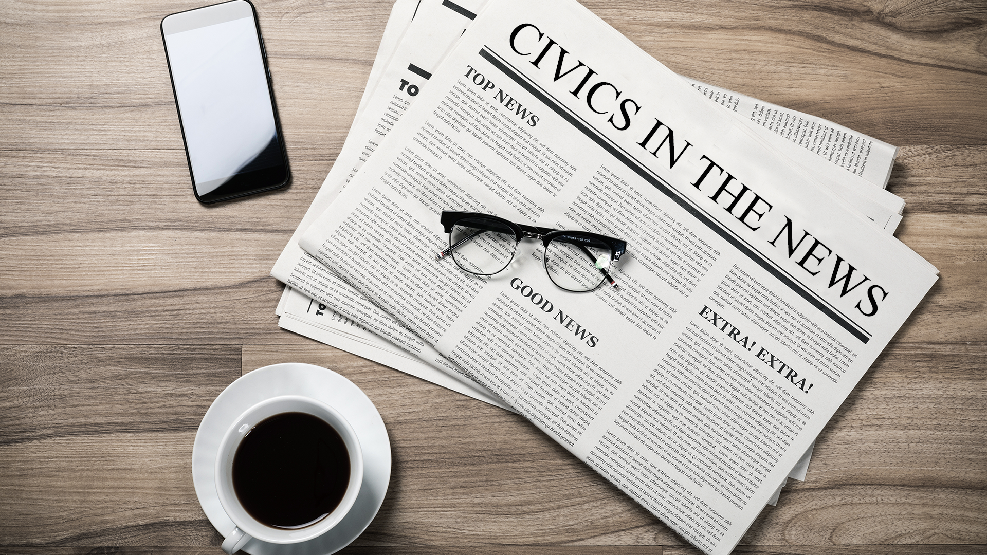 A wooden table holds a newspaper with the headline 