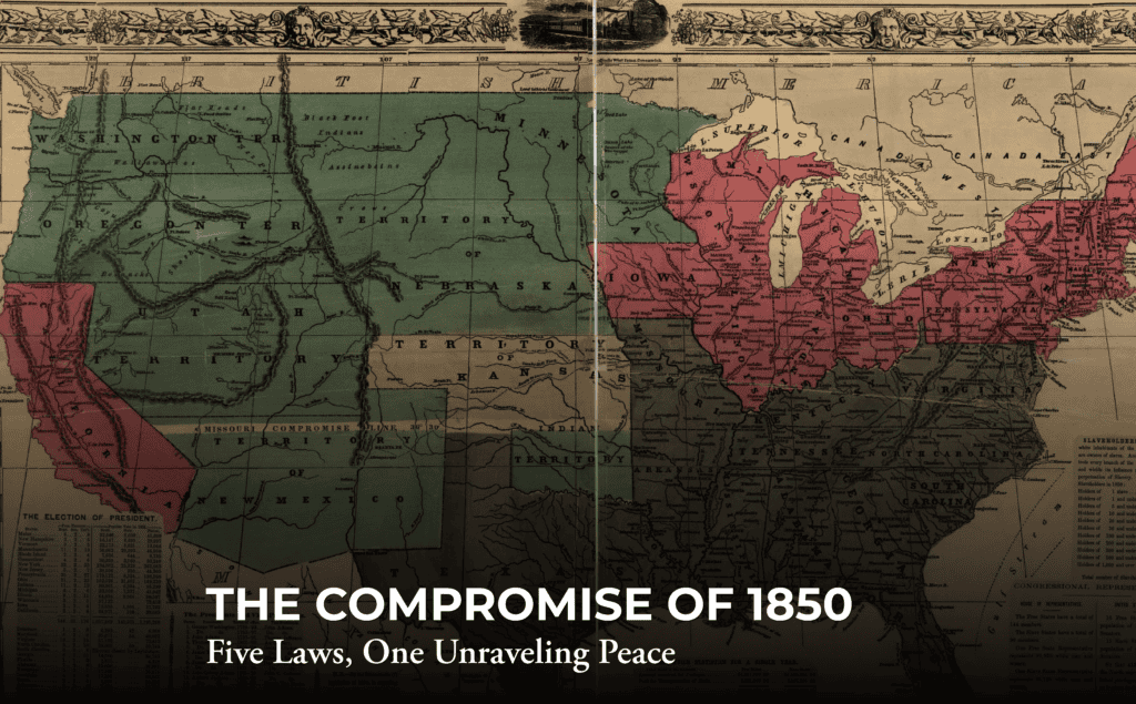 A vintage U.S. map highlights regions in green and red, with text: “The Compromise of 1850. Five Laws, One Unraveling Peace” across the bottom.