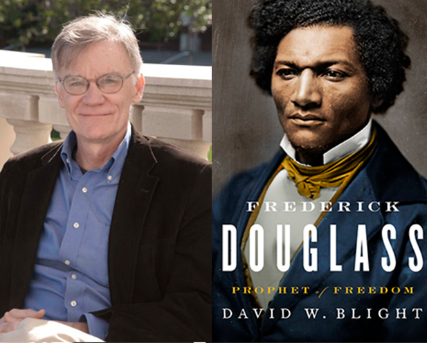 A man with glasses and gray hair sits outdoors beside the cover of a book titled "Frederick Douglass: Prophet of Freedom" by David W. Blight, which explores Douglass’s legacy and his views on the U.S. Constitution.