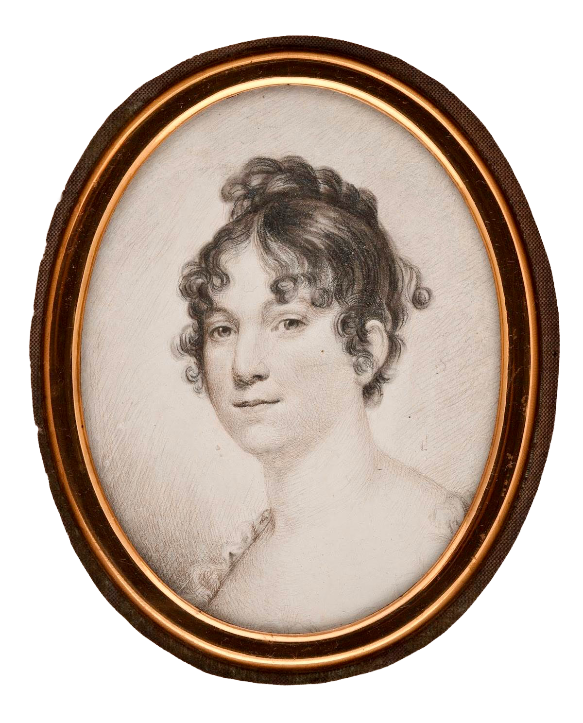 Oval-framed, black-and-white portrait drawing of a young woman with curly hair styled up, wearing a simple, off-the-shoulder dress. She gazes slightly to the viewer’s left with a neutral expression—an elegant tribute for Women’s History Month.