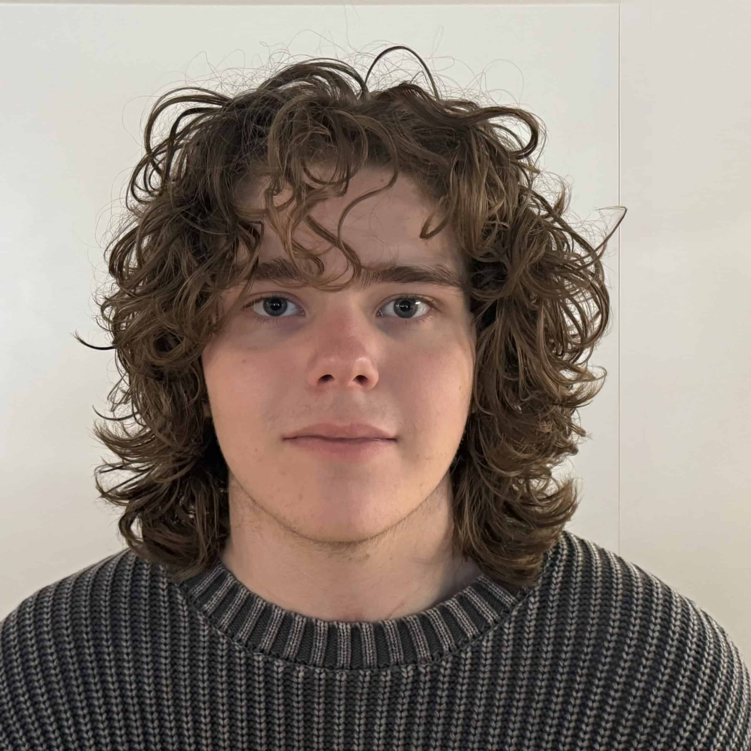 A young scholarship winner with curly brown hair and blue eyes is facing the camera, wearing a gray and black striped sweater, against a plain light-colored background.