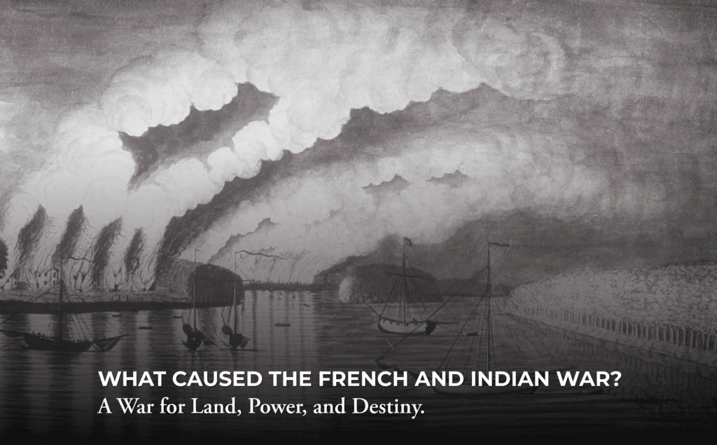 Black-and-white illustration of a waterfront battle scene, with buildings burning and large plumes of smoke rising into the sky. Canoes or boats are visible on the water. Text reads: “What caused the French and Indian War?”.