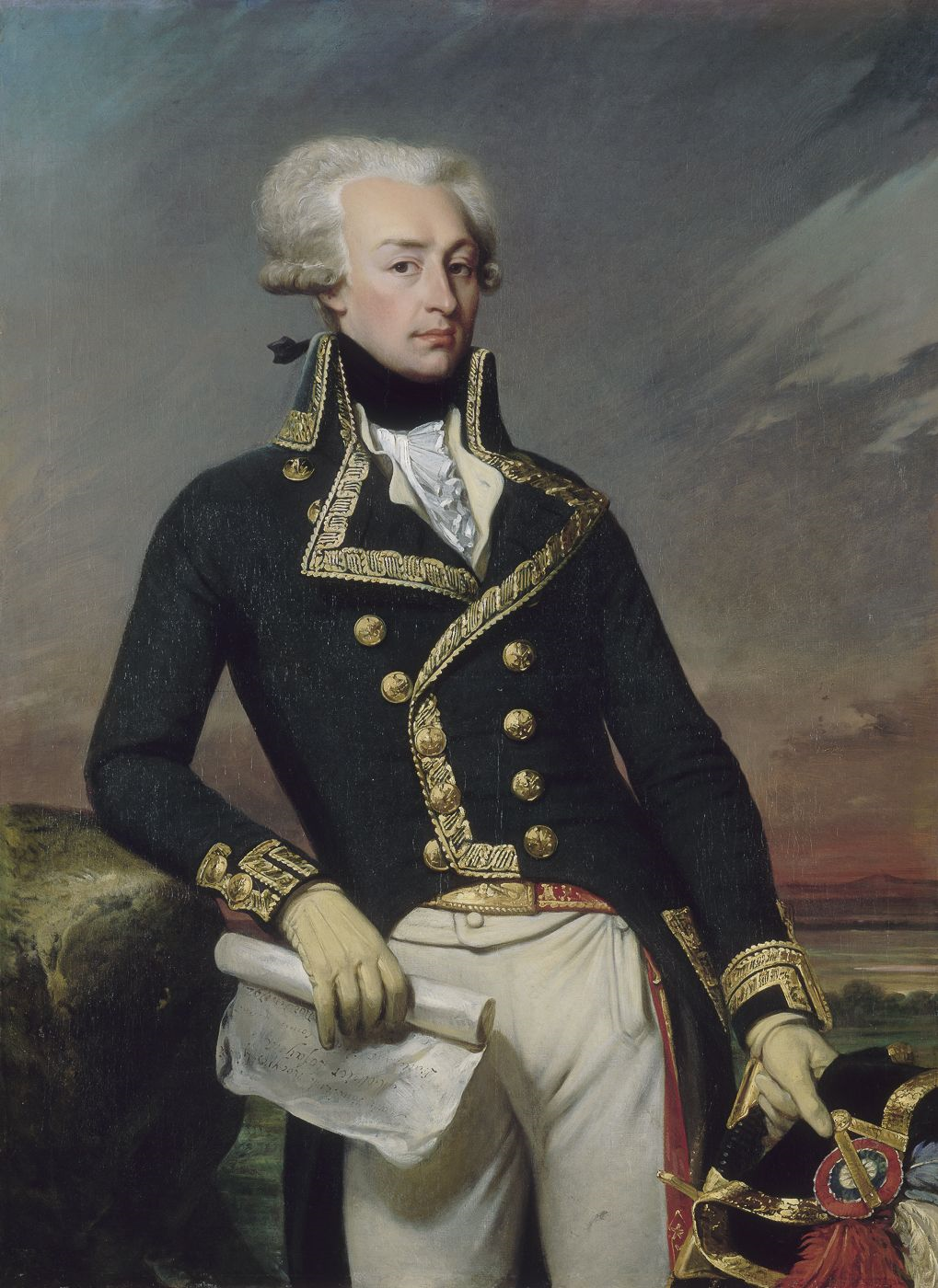 A man in an ornate military uniform with gold trim stands holding a scroll and a black bicorne hat, as if commemorating Constitution Day. He has white hair, a serious expression, and a dramatic sky in the background.