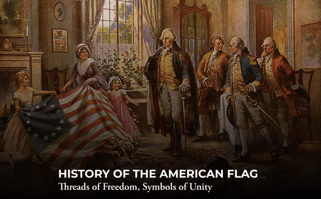 A historical painting shows George Washington and several people in colonial attire inside a room, with a woman and girl presenting an early American flag. Text reads: "History of the American Flag: Threads of Freedom, Symbols of Unity.