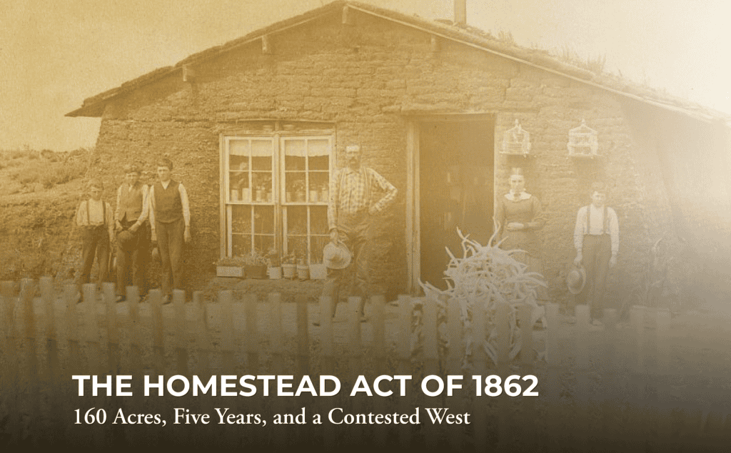 A sepia-toned historical photo of a family standing outside a sod house, with the text: “The Homestead Act of 1862. 160 Acres, Five Years, and a Contested West.”.