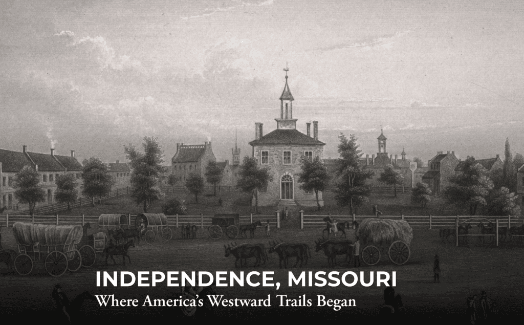A historic illustration of a town square with wagons, people, and a central building, labeled “Independence, Missouri. Where America’s Westward Trails Began.”.