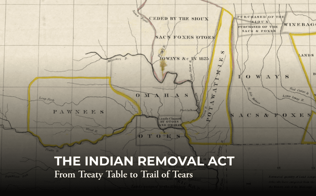 A historical map showing Native American territories with text: “The Indian Removal Act: From Treaty Table to Trail of Tears.”.