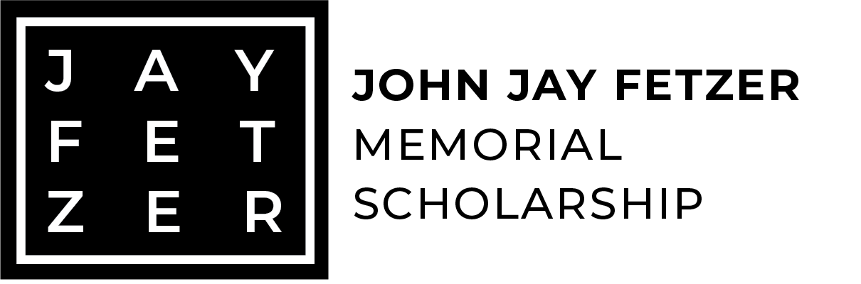 Black and white logo with "JAY FETZER" spelled vertically and horizontally in a square, next to bold text reading "JOHN JAY FETZER MEMORIAL SCHOLARSHIP" on a light background, representing the esteemed Fetzer Scholarship.