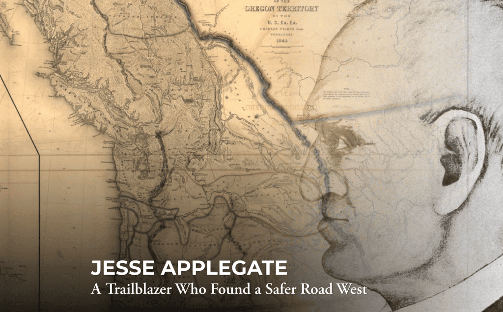 A vintage map of the Oregon Territory overlaid with a sketched profile of a man’s face. Text reads: “Jesse Applegate: A Trailblazer Who Found a Safer Road West.”.