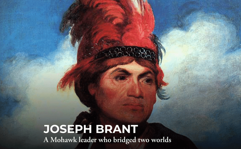 A painted portrait of Joseph Brant wearing a red feathered headdress, with the text: "JOSEPH BRANT: A Mohawk leader who bridged two worlds" displayed at the bottom.