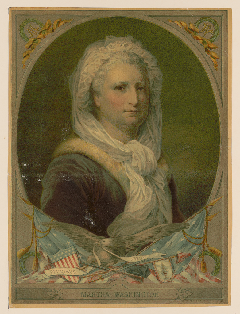 A painted portrait of Martha Washington wearing a white bonnet and shawl, set in an oval frame with decorative banners and American flags below, celebrates her legacy for Women's History Month, with her name inscribed at the bottom.