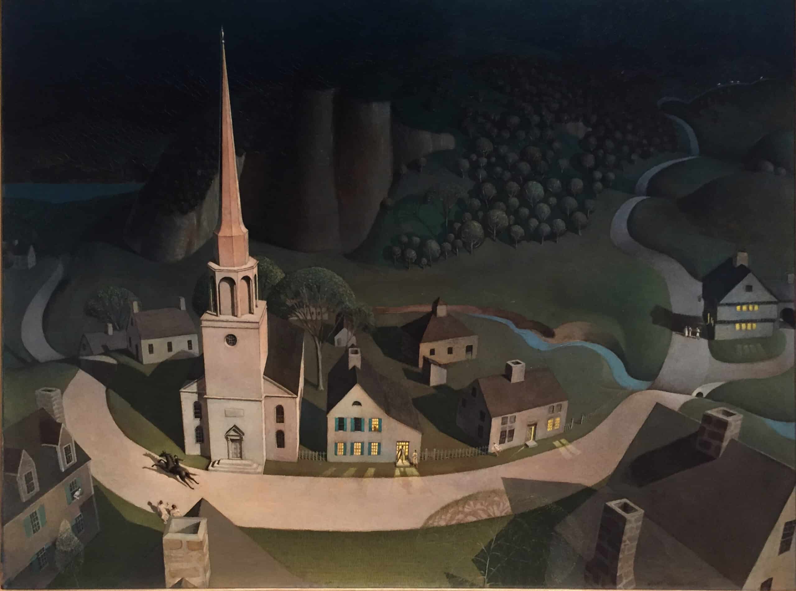 A nighttime scene of a quiet village in America 250, with a tall church steeple, winding roads, small houses with lit windows, a horse and rider passing by, and a dark forest in the background.