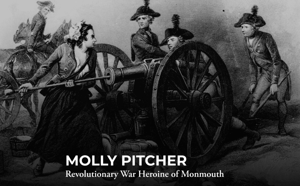 Black-and-white illustration of a woman helping fire a cannon alongside soldiers in Revolutionary War uniforms, with the text "Molly Pitcher: Revolutionary War Heroine of Monmouth.