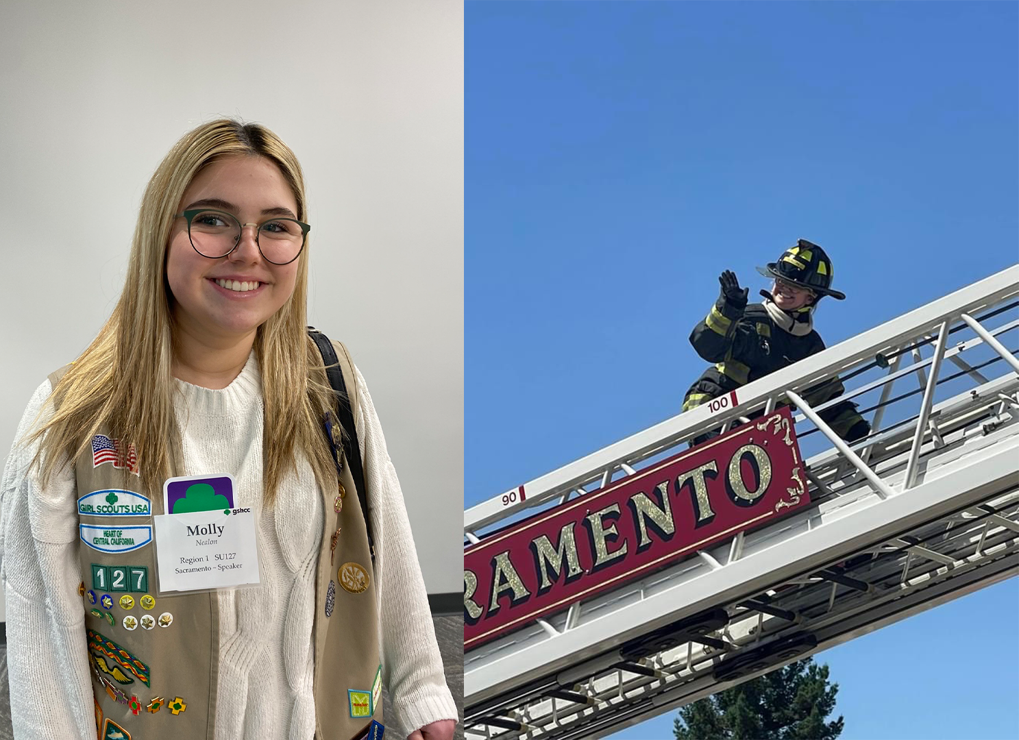 MollyThen3 A smiling Girl Scout with badges stands indoors on the left, while a firefighter in uniform waves atop an extended Sacramento fire truck ladder outdoors on the right.