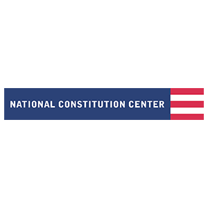 Logo of the National Constitution Center, featuring the name in white text on a blue rectangle. Three red stripes are to the right of the text.