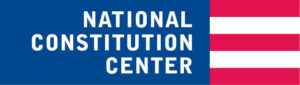 Logo for the National Constitution Center with white text on a blue background and three horizontal red and white stripes on the right side, honoring Sandra Day O'Connor and resembling elements of the American flag.