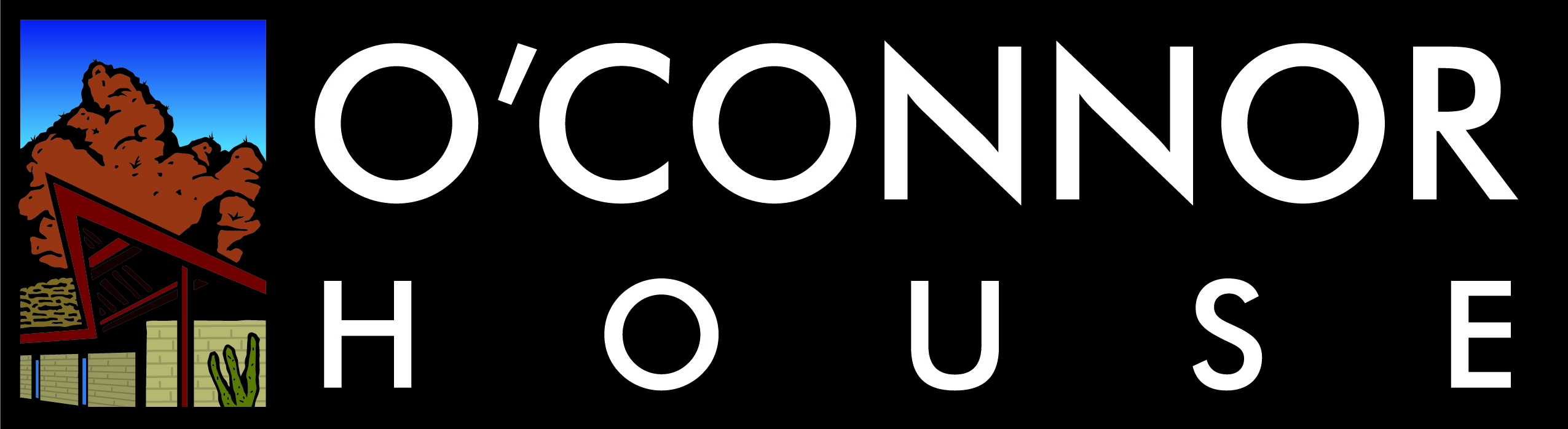 Logo for O'Connor House featuring white text on a black background. On the left, there's an illustration of a house with a slanted roof and a colorful sky with brown clouds and a cactus.