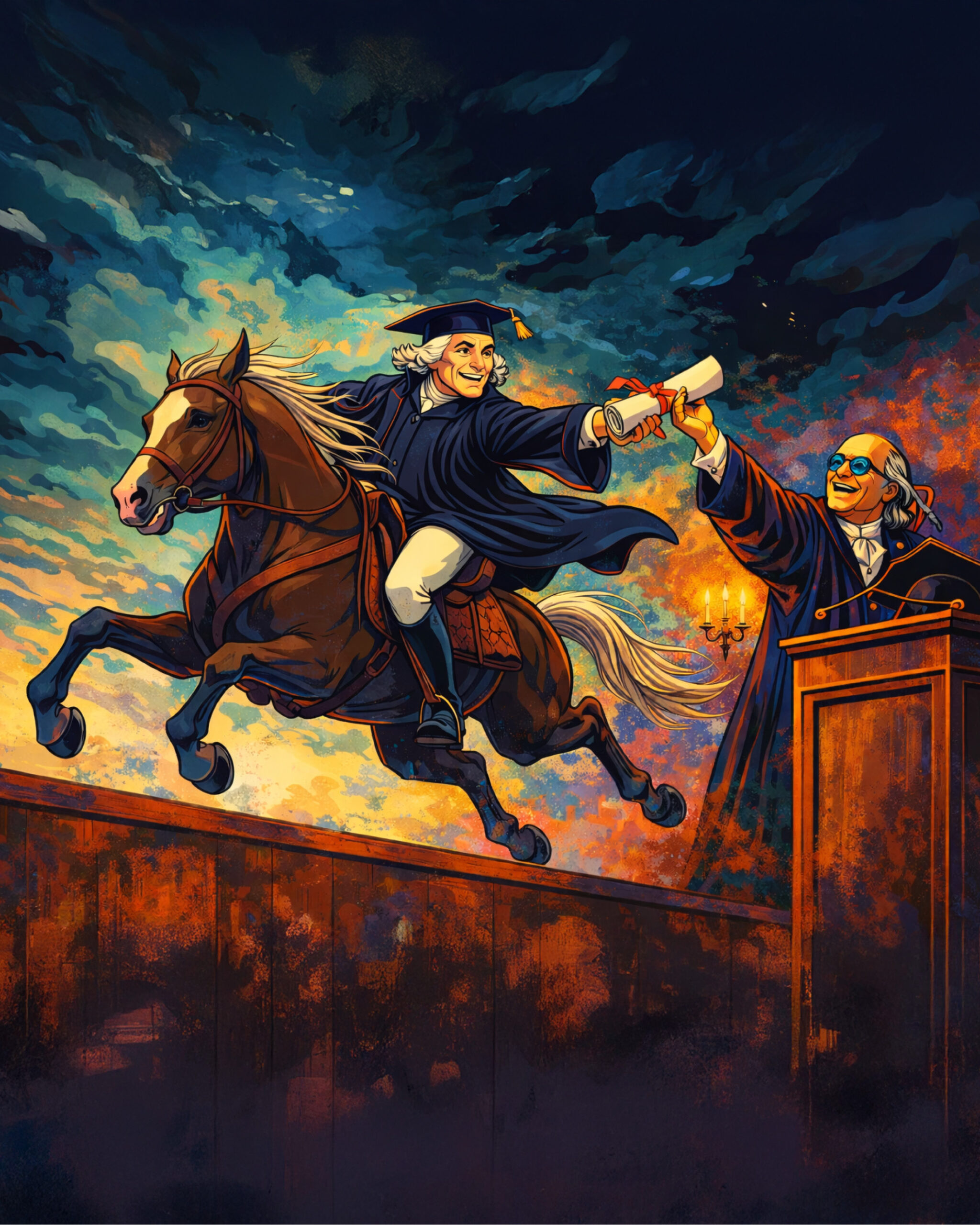 A person in graduation attire, embodying The Citizen, rides a horse leaping over a barrier to receive a diploma from a judge-like figure—symbolizing the collective journey of overcoming obstacles to achieve academic success beneath dramatic clouds.